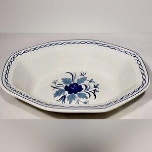 Adams Baltic Blue Ribbon Rim Flowers Oval Octagon Serving Bowl Ironstone England